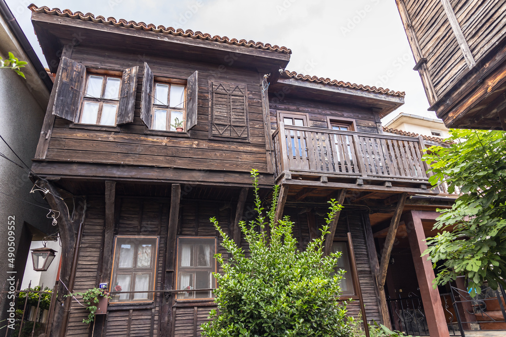 Facades of wooden buildings in Old Town of Sozopol city on Black Sea coast in Bulgaria Facades of wooden buildings in Old Town of Sozopol city on Black Sea coast in Bulgaria
