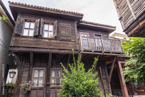 Facades of wooden buildings in Old Town of Sozopol city on Black Sea coast in Bulgaria © Fotokon