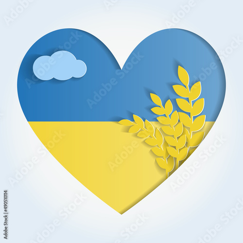 Ukrainian flag in Heart with branches and cloud. Paper cut style. Vector illustration.