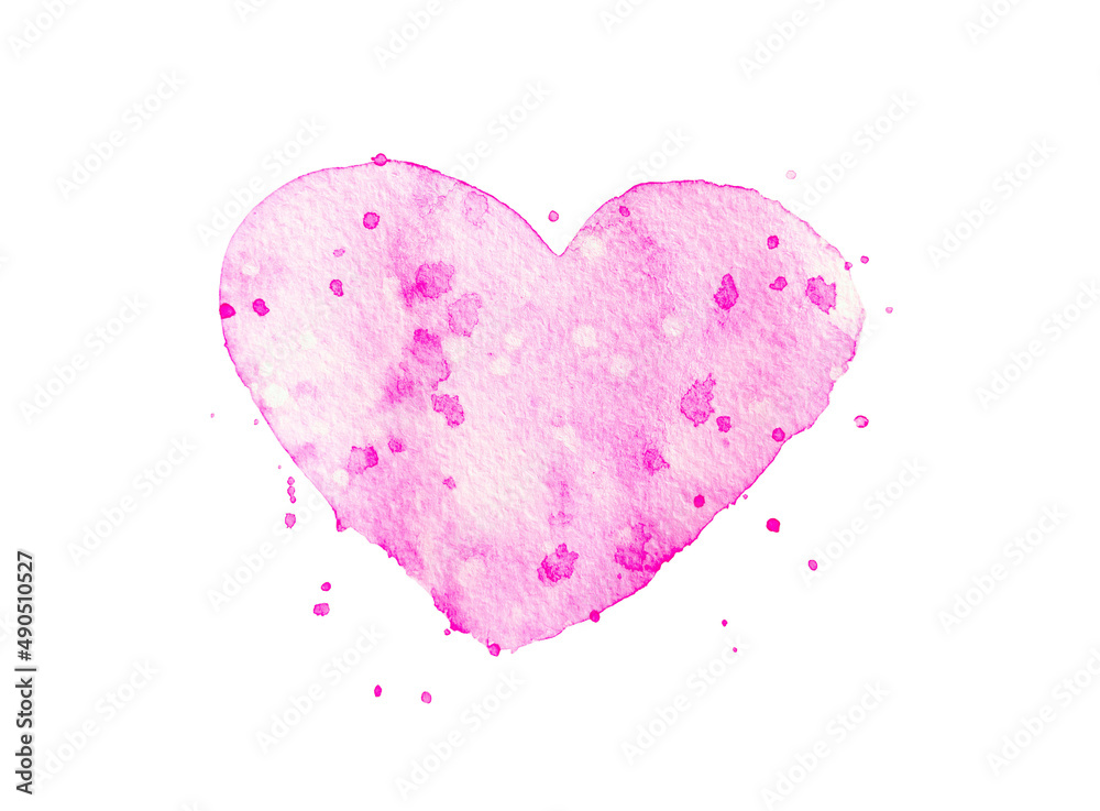 Hand drawn watercolor pink heart shape isolated on white background for your valentine design. Creative romantic background and paper texture.