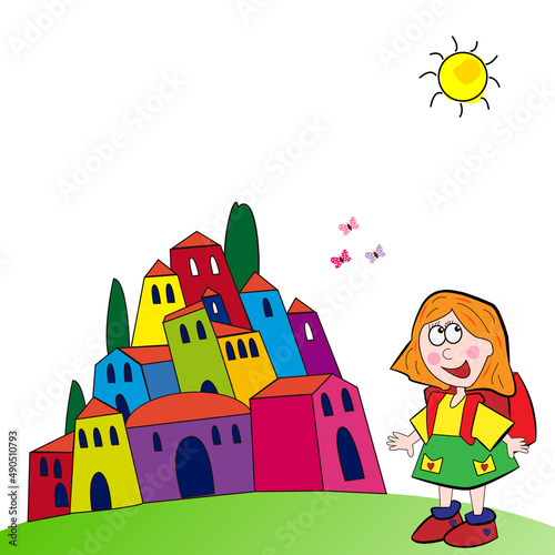 Niña con mochila y pueblo con casas de colores.