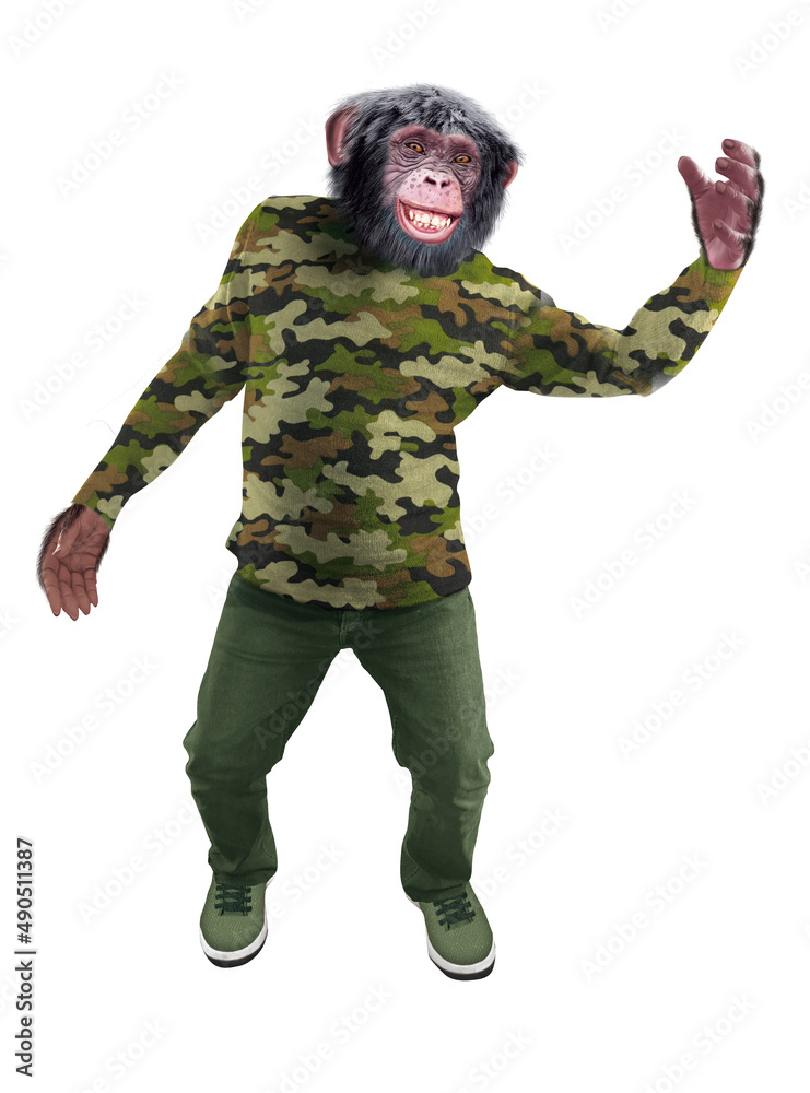 chimpanzé, habillé, militaire, camouflage, force, soldat, attitude, model, mouvement, drôle, armé, salut, sympa, guère, sport