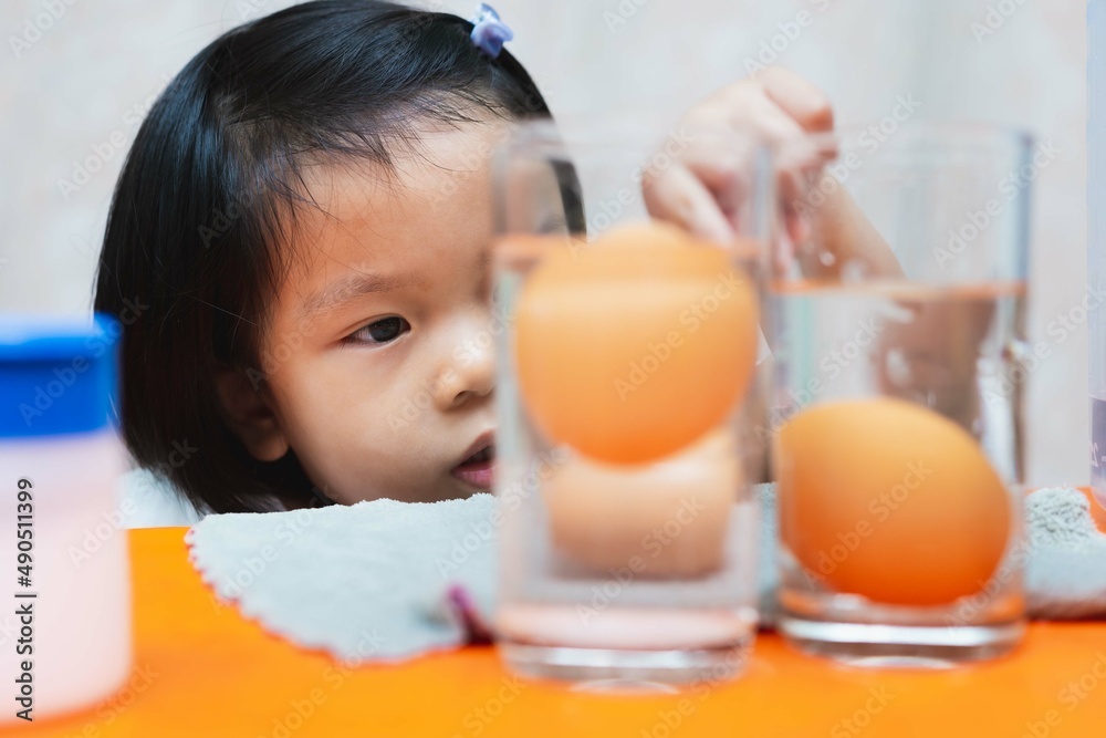 Cute little child girl is wondering about sinking egg-floating egg science experiment. Kid stared at egg that was in glass and floated on water. Children are 4 years old. Cute little child girl is wondering about sinking egg-floating egg science experiment. Kid stared at egg that was in glass and floated on water. Children are 4 years old.