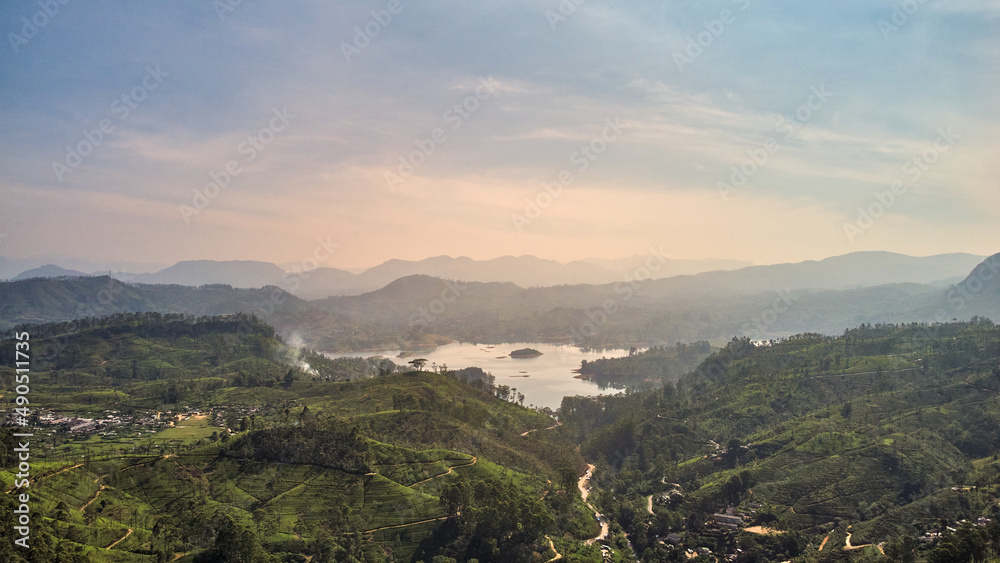 Aerial view of tea plantations in Sri Lanka. View from Adam's Peak to Dalhousie village, tea plantations, lakes