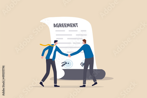 Business deal, agreement or collaboration document, contract or success negotiation, executive handshaking concept, businessman partner people shaking hand after signing business agreement document. photo