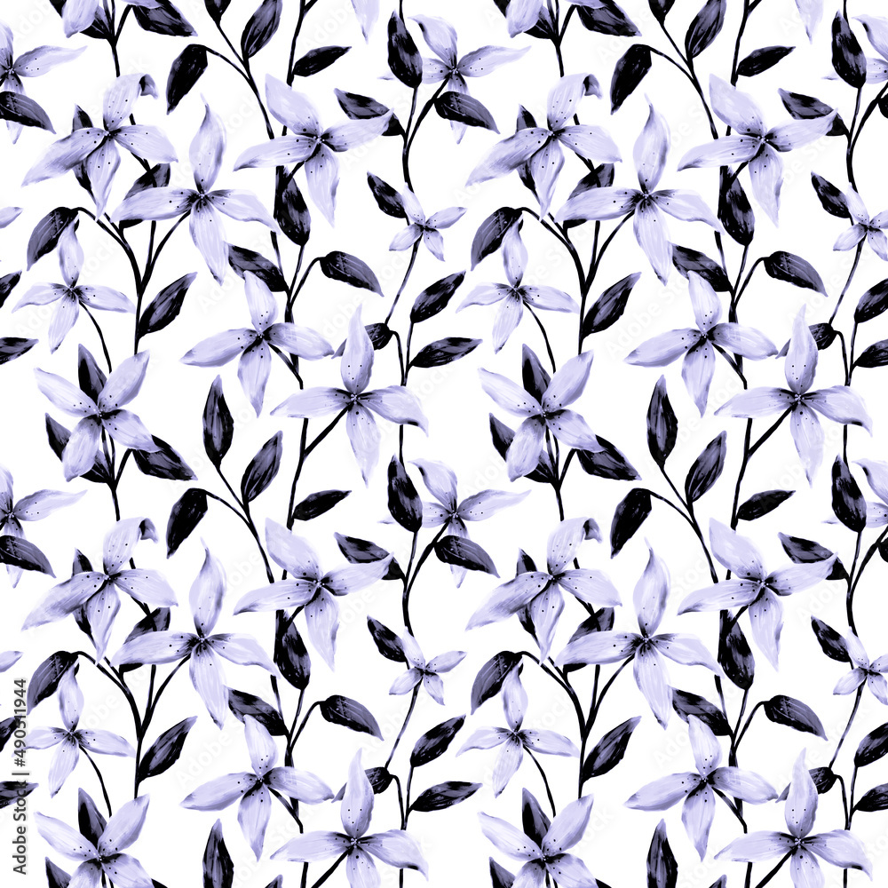 Fototapeta premium Lily flowers, leaves seamless pattern. Botanical repeat print on white background. Elegant black white, violet floral design for textile, wallpaper, wrapping paper, fabric, decoration.