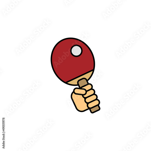 Ping pong icon. Hand holding racket for table tennis with ball. Sport game theme. Outline colored vector illustration on white background. 