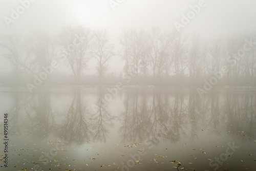 Novi Sad, Serbia-January 12. 2013: Panorama of the pond covered with thick fog near the city of Novi Sad, Serbia.