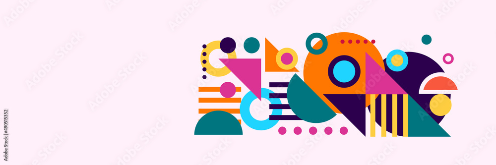 Shape abstract pink colorful memphis wide banner design background Abstract colorful memphis geometric business banner background. Vector illustration.