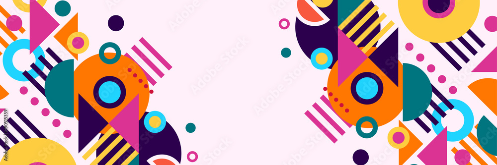 Shape abstract pink colorful memphis wide banner design background Abstract colorful memphis geometric business banner background. Vector illustration.