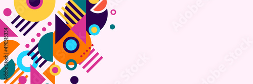 Shape abstract pink colorful memphis wide banner design background Abstract colorful memphis geometric business banner background. Vector illustration.