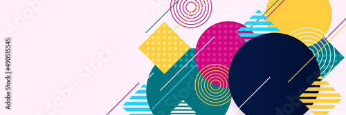 Shape abstract pink colorful memphis wide banner design background. Abstract colorful memphis geometric business banner background. Vector illustration.