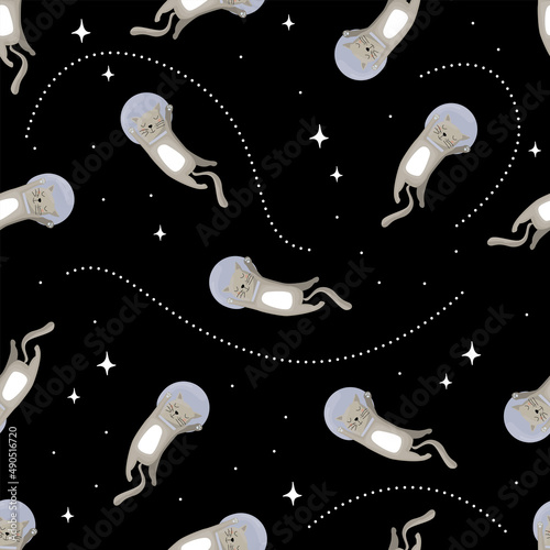 Doodle seamless pattern with cats in space. Cute flat vector illustration.