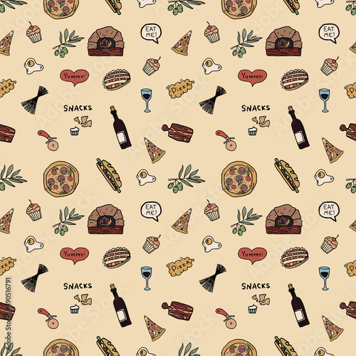 Doodle seamless pattern with Italian food. Hand drawn pizza, wine, olive branch and others.