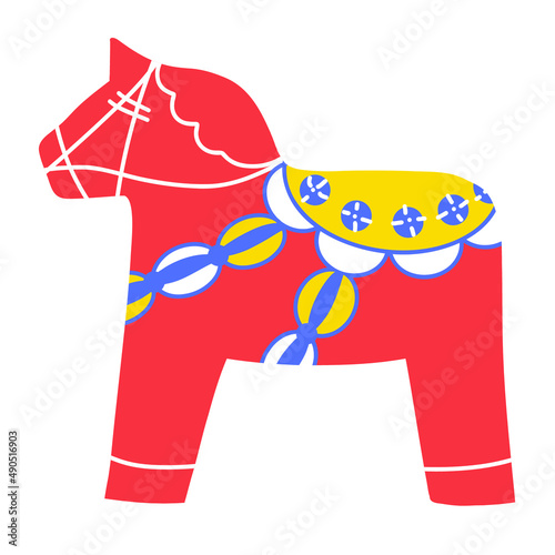 Red dala horse decorated with white, blue and yellow saddle. Traditional Swedish wooden horse. National symbol of Sweden from Dalarna. Hand drawn flat vector illustration isolated on white background photo