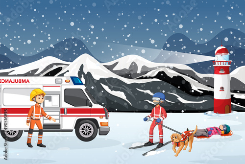 Snow scene with firerman rescue in cartoon style