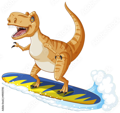 Tyrannosaurus rex dinosaur on surfboard in cartoon style