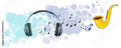 A saxophone and headphone with musical notes on white background