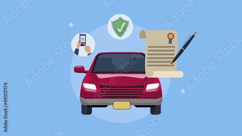 insurance service animation with car and policy