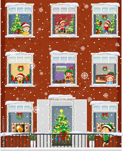 Apartment windows with neighbors cartoon character