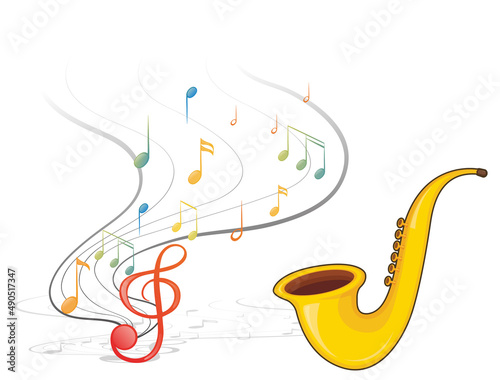 A saxophone with musical notes on white background