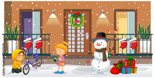 Outdoor scene with people and snowman in Christmas theme