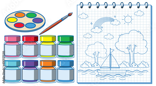 A notebook with a doodle sketch design and watercolour