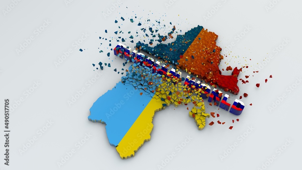 Obraz premium 3d rendering, a map of Ukraine broken into parts by the text Russian World. Illustration of the consequences of Russia's war against Ukraine, the devastating consequences of the invasion.