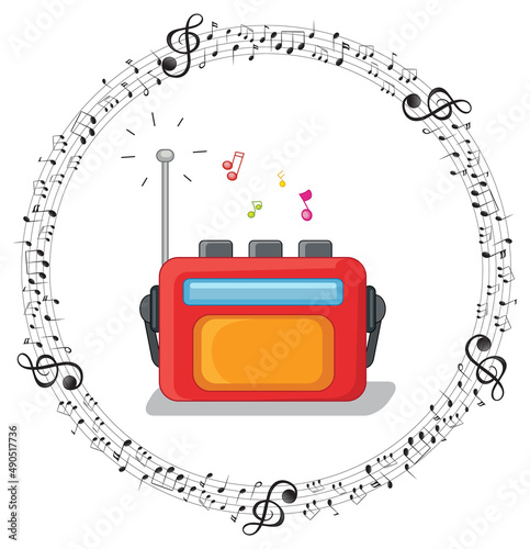 A radio with musical notes on white background