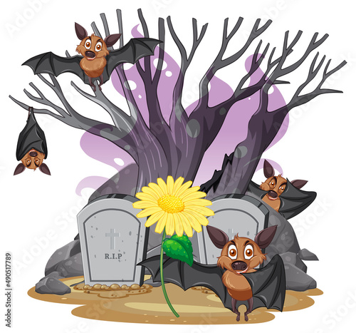 An isolated graveyard scene with many bats