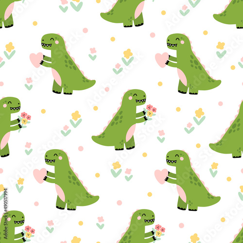 Seamless pattern with cute dinosaur or Tyrannosaurus with flowers and heart. Children print for home decor, textile, packaging, wrapping paper etc. Vector illustration in Scandinavian style