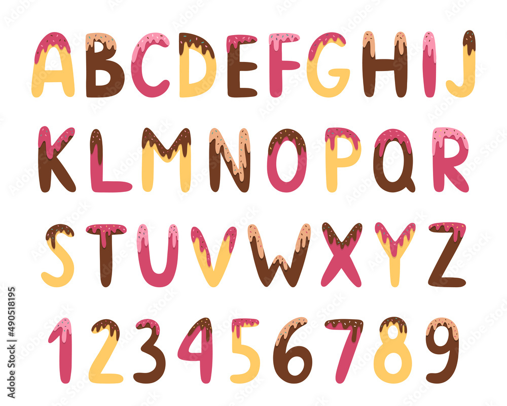 Sweet bright alphabet and numbers. The letters are poured with glaze and decor. Vector illustration in cartoon hand-drawn style