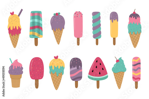 A set of bright colorful ice creams. Cartoon hand-drawn dessert. Vector illustration © Victoria Guzeeva