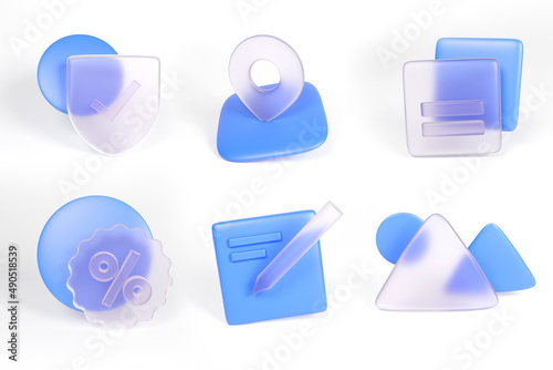 set collection 3D icon illustration glassmorphism blue render