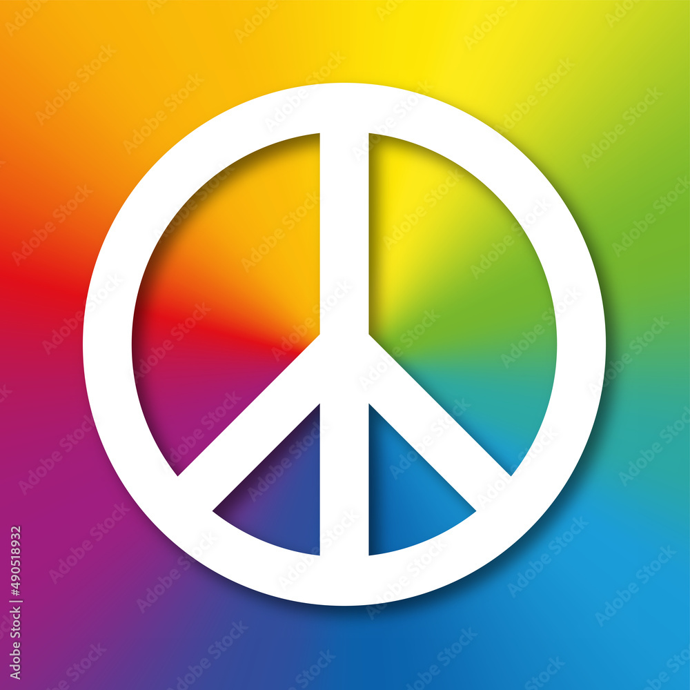White peace symbol with shadow, on a rainbow colored background. Originally  designed for the nuclear disarmament movement, now known as the peace sign,  adopted by the anti-war movement. Illustration. Stock Illustration |