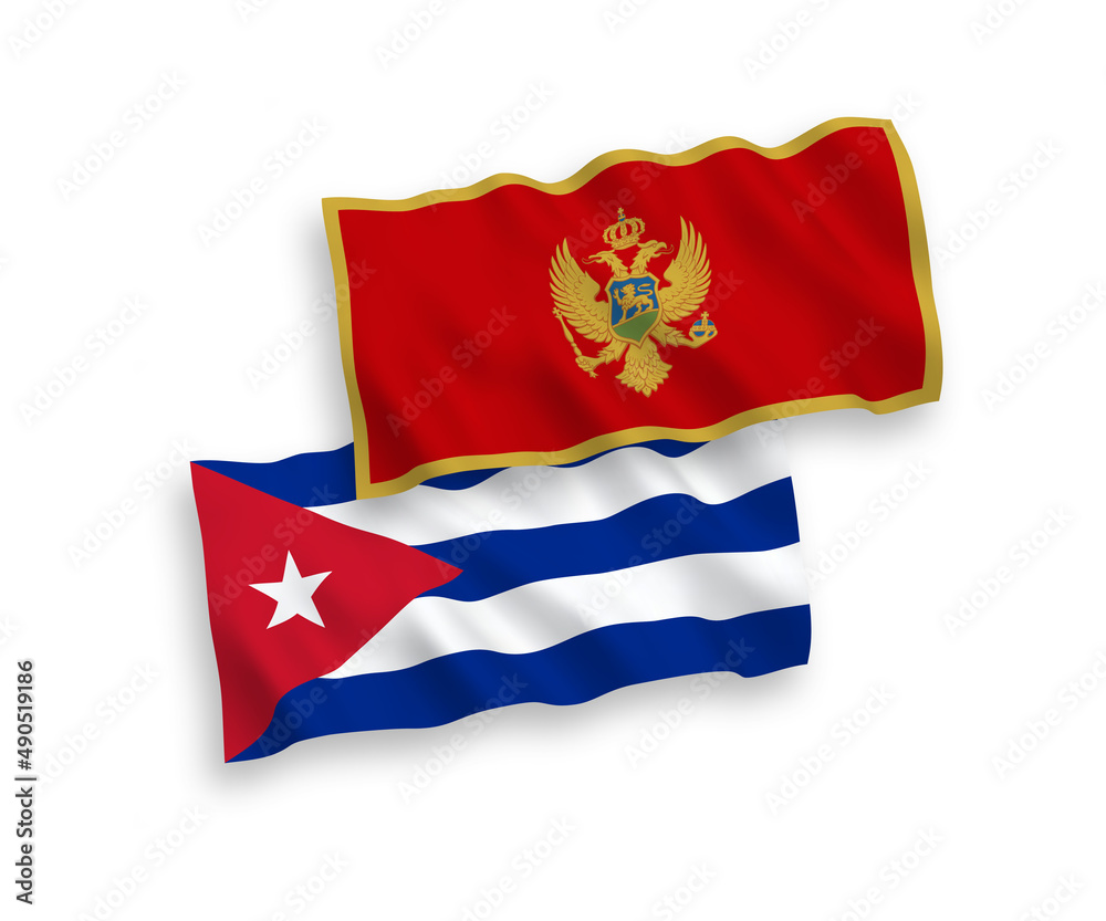 National vector fabric wave flags of Montenegro and Cuba isolated on white background. 1 to 2 proportion. National vector fabric wave flags of Montenegro and Cuba isolated on white background. 1 to 2 proportion.