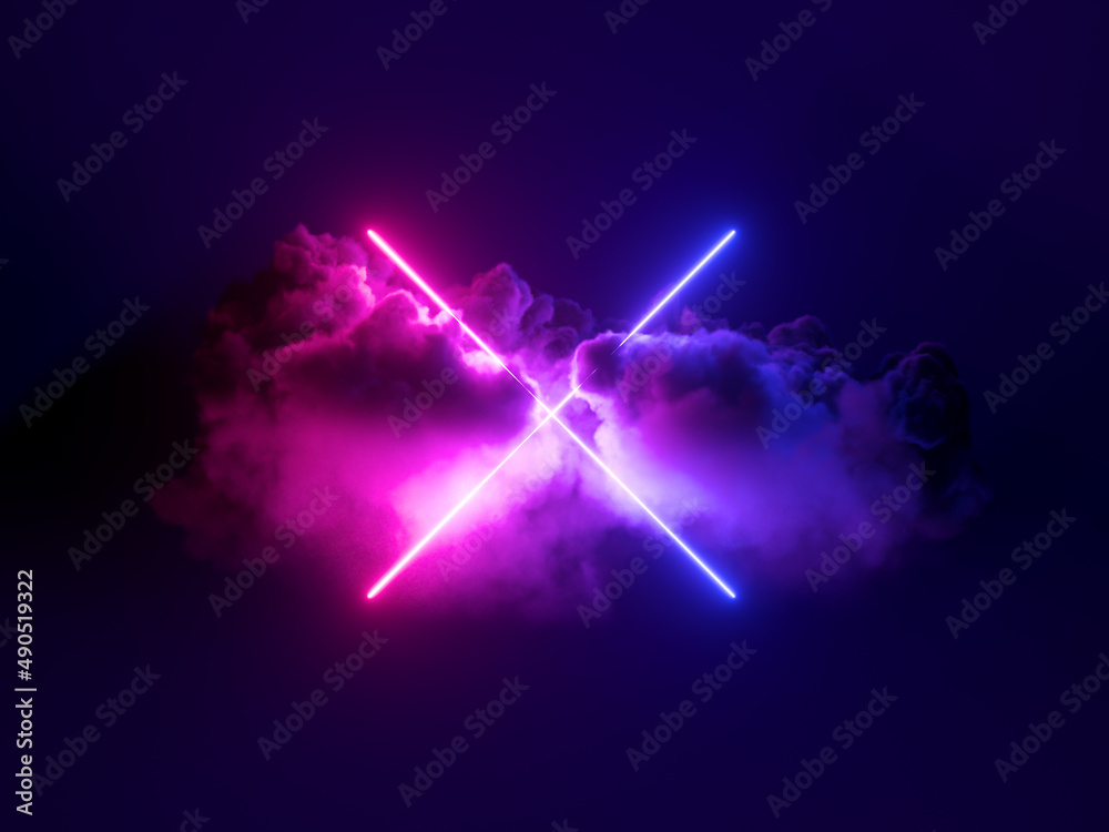 Obraz premium 3d render, mystical cloud and cross sign glowing with pink blue neon light, abstract background