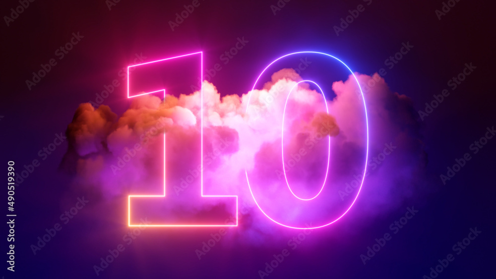 3d render, neon linear number ten and colorful cloud glowing with pink blue neon light, abstract fantasy background - obrazy, fototapety, plakaty 