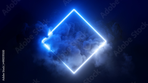 Fotografia 3d rendering, abstract futuristic background with neon geometric shape and stormy cloud on night sky