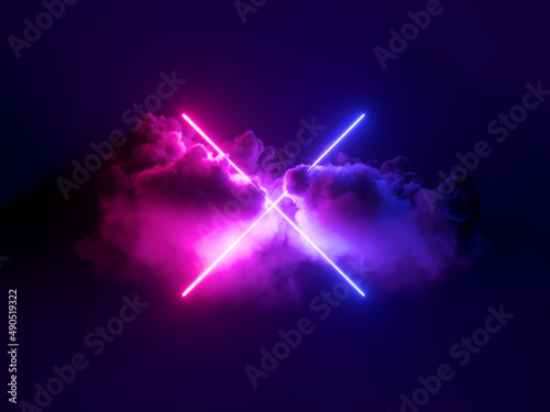 3d render, mystical cloud and cross sign glowing with pink blue neon light, abstract background