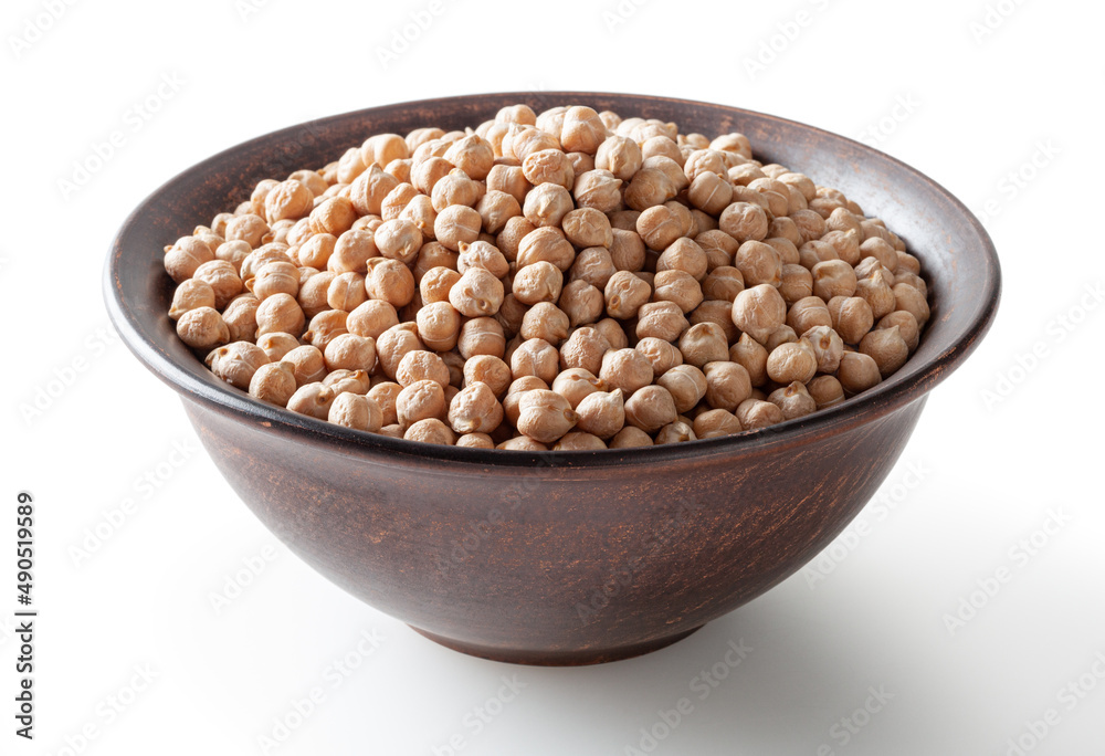Uncooked chickpea in ceramic bowl isolated on white background with clipping path Uncooked chickpea in ceramic bowl isolated on white background with clipping path