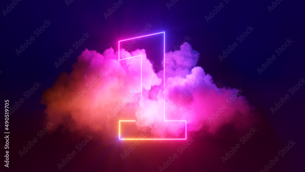 3d render, neon linear number one and colorful cloud glowing with pink blue neon light, abstract fantasy background - obrazy, fototapety, plakaty 