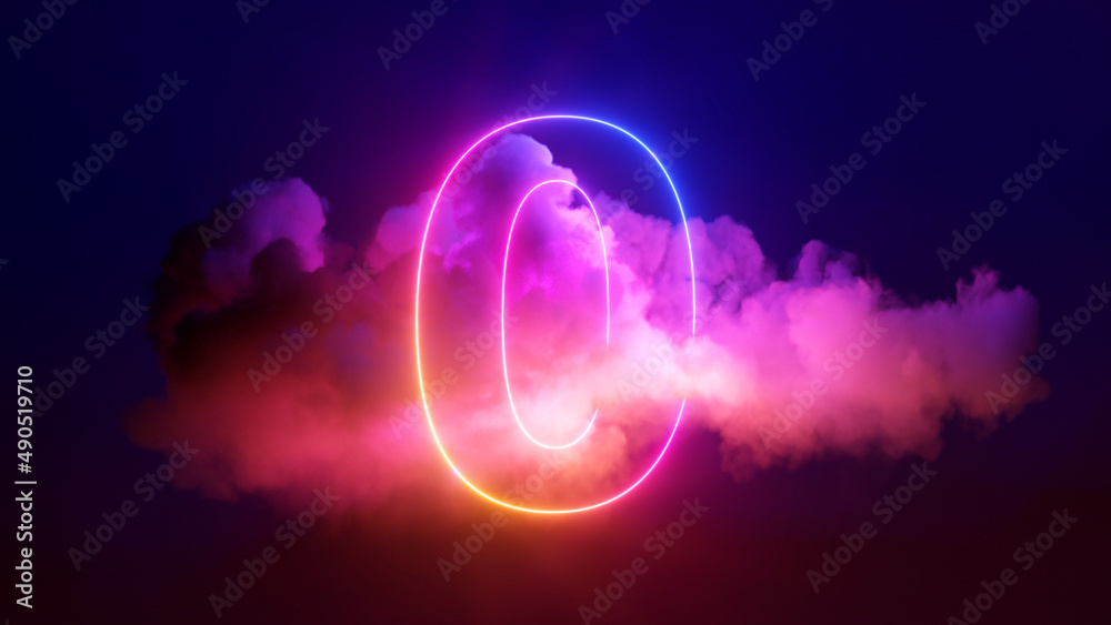3d render, neon linear number zero and colorful cloud glowing with pink blue neon light, abstract fantasy background - obrazy, fototapety, plakaty 