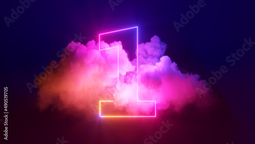 3d render, neon linear number one and colorful cloud glowing with pink blue neon light, abstract fantasy background photo