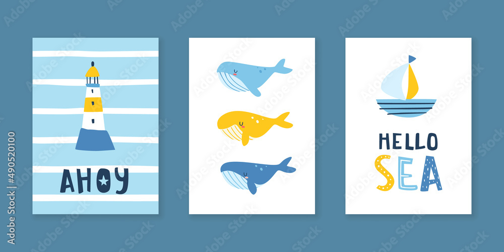 Bright nursery marine poster set. Sea prints collection for kids wall art. Baby nautical triptych. Bright nursery marine poster set. Sea prints collection for kids wall art. Baby nautical triptych.