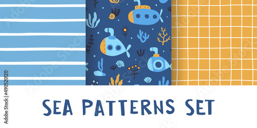 Cute baby sea patterns collection. Set of marine doodle prints for kids textile and apparel.