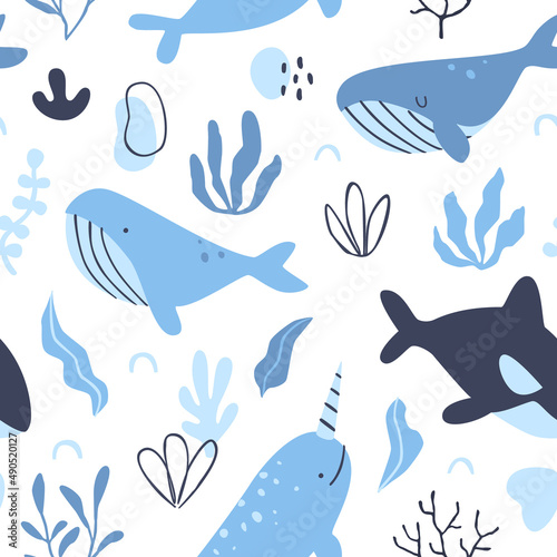 Blue whales and alga organic pattern. Abstract seamless pattern for textile and apparel.