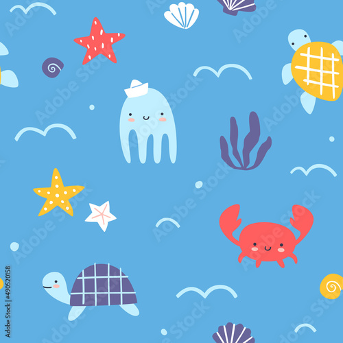 Underwater cute sea animals pattern. Seamless vector print with seabed for textile, fabric, apparel, nursery.