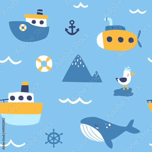 Cute marine baby pattern with ships and whale. Seamless vector nursery sea print for textile and wallpaper.