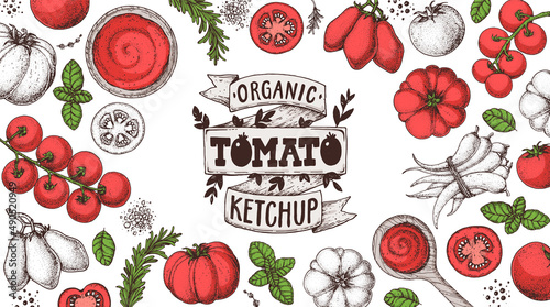 Tomato sauce, ketchup cooking and ingredients frame. Hand drawn vector illustration. Homemade tomato sauce, design elements. Hand drawn package design.